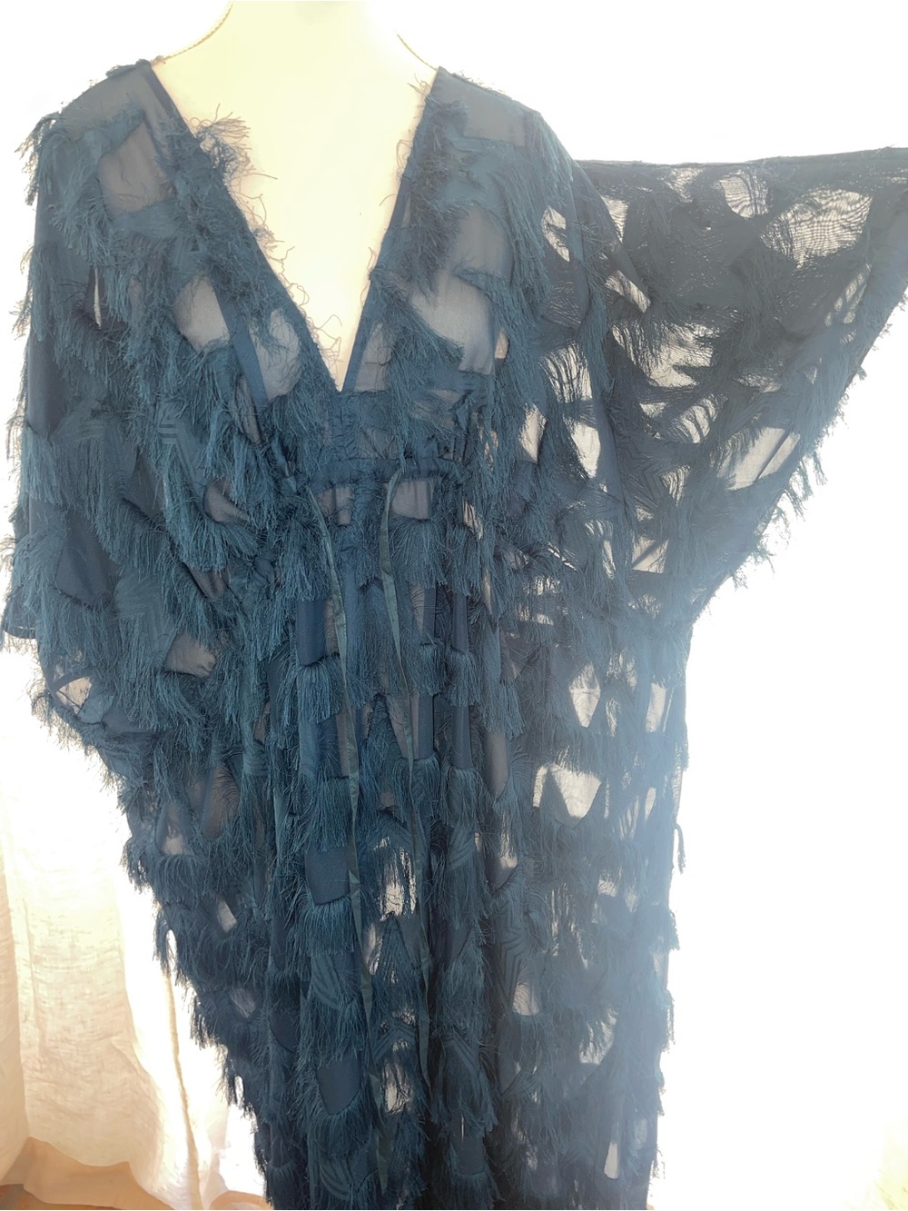Anthropologie Teal Celestial Star Sheer Fringe V-Neck Festival Kaftan